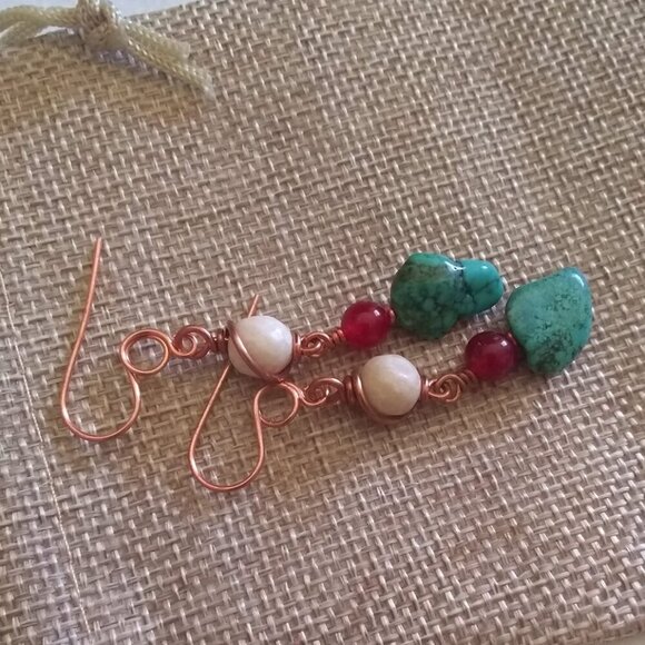 One-of-a-Kind! Beaded + Wire Wrapped Dangle Earrings! Turquoise Red Cream Copper - Picture 9 of 12